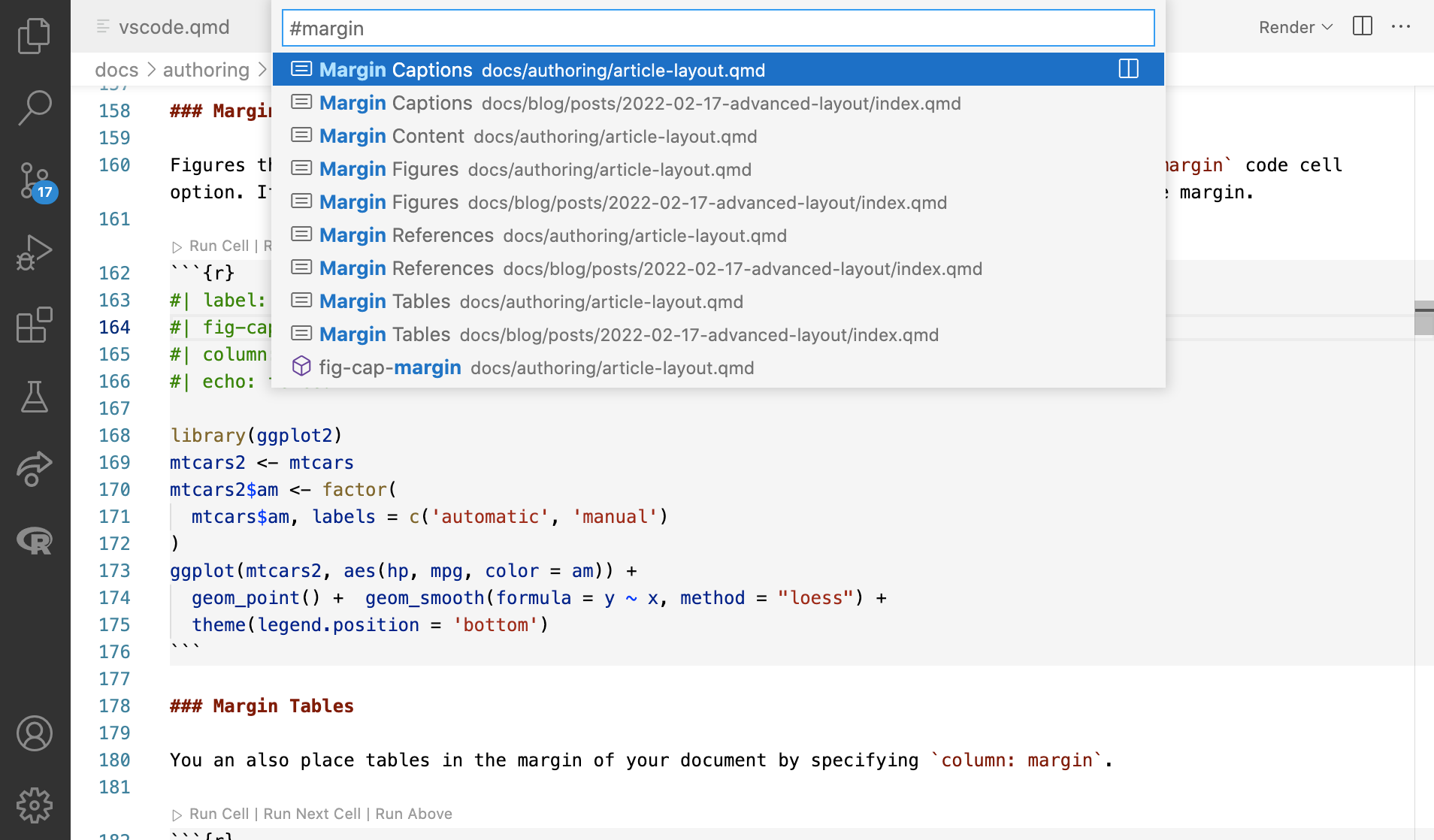 Quarto document in VS with command palette open showing the files in the project with the entered term, 'margin'.